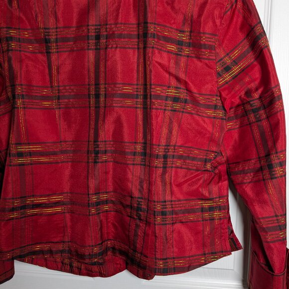 Coldwater Creek Women's Silk Red Gold Metallic Plaid Top Zip Front Petite Medium - Picture 14 of 16